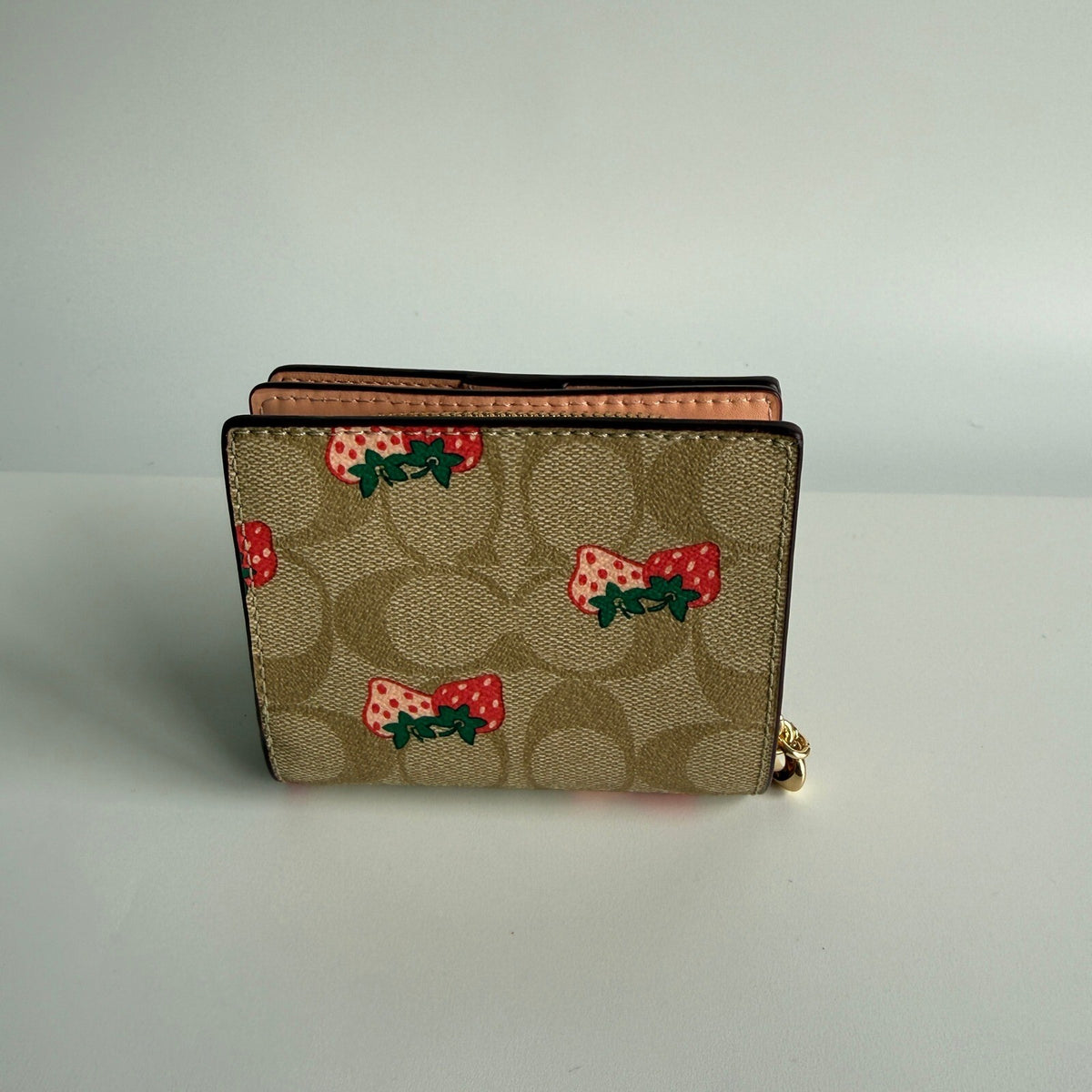 Coach Snap Wallet Wild Strawberry Khaki Multi Signature Canvas C8605