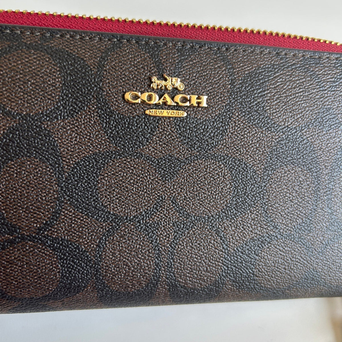 Coach Long Zip Around Wallet Brown Red Signature Canvas Wristlet C4452