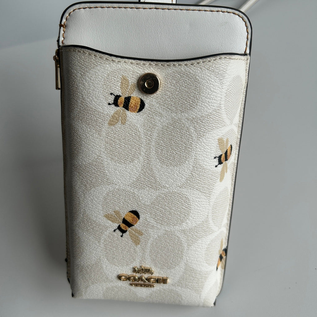 Coach Phone Crossbody Chalk White Signature Canvas Bee Print C8672