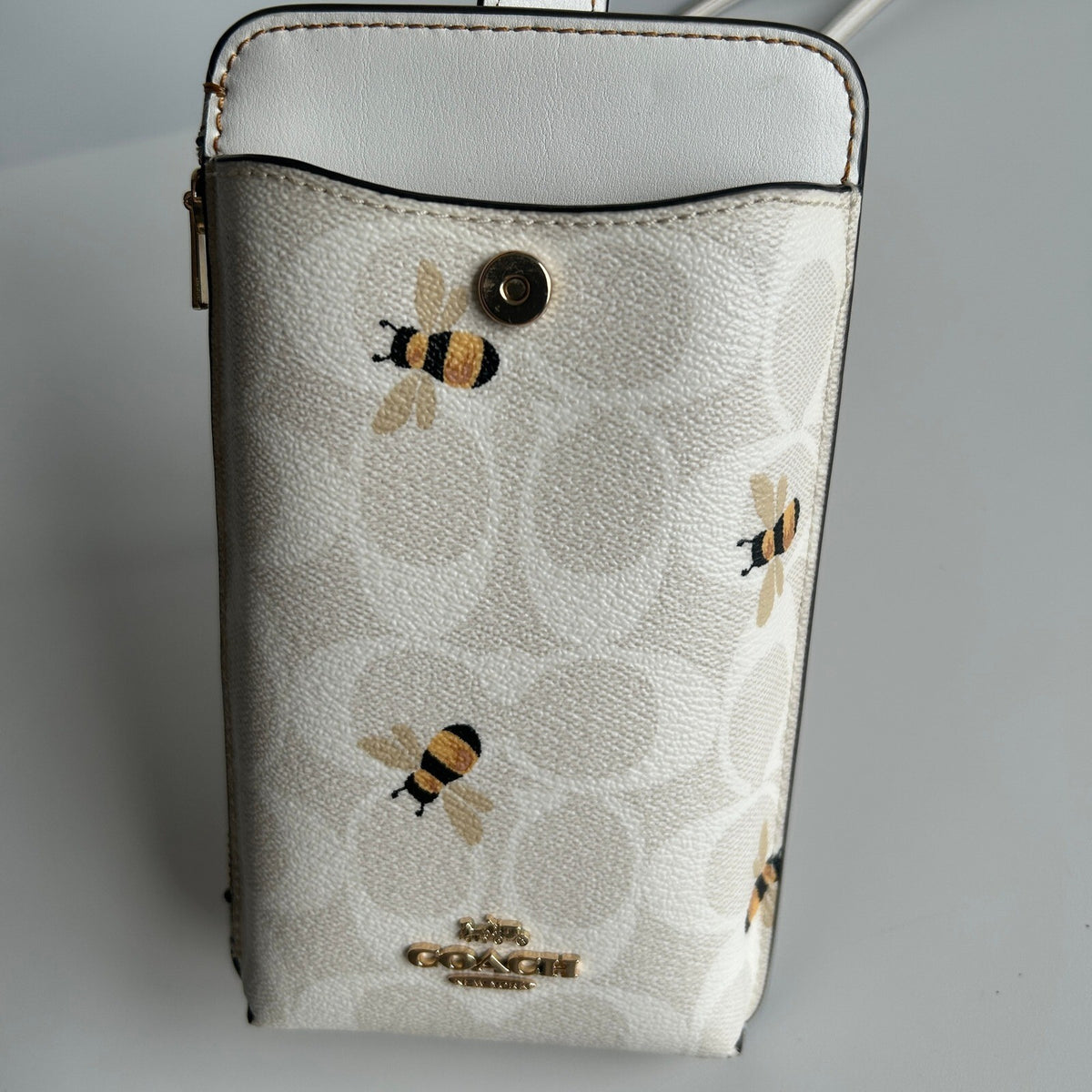 Coach Phone Crossbody Chalk White Signature Canvas Bee Print C8672