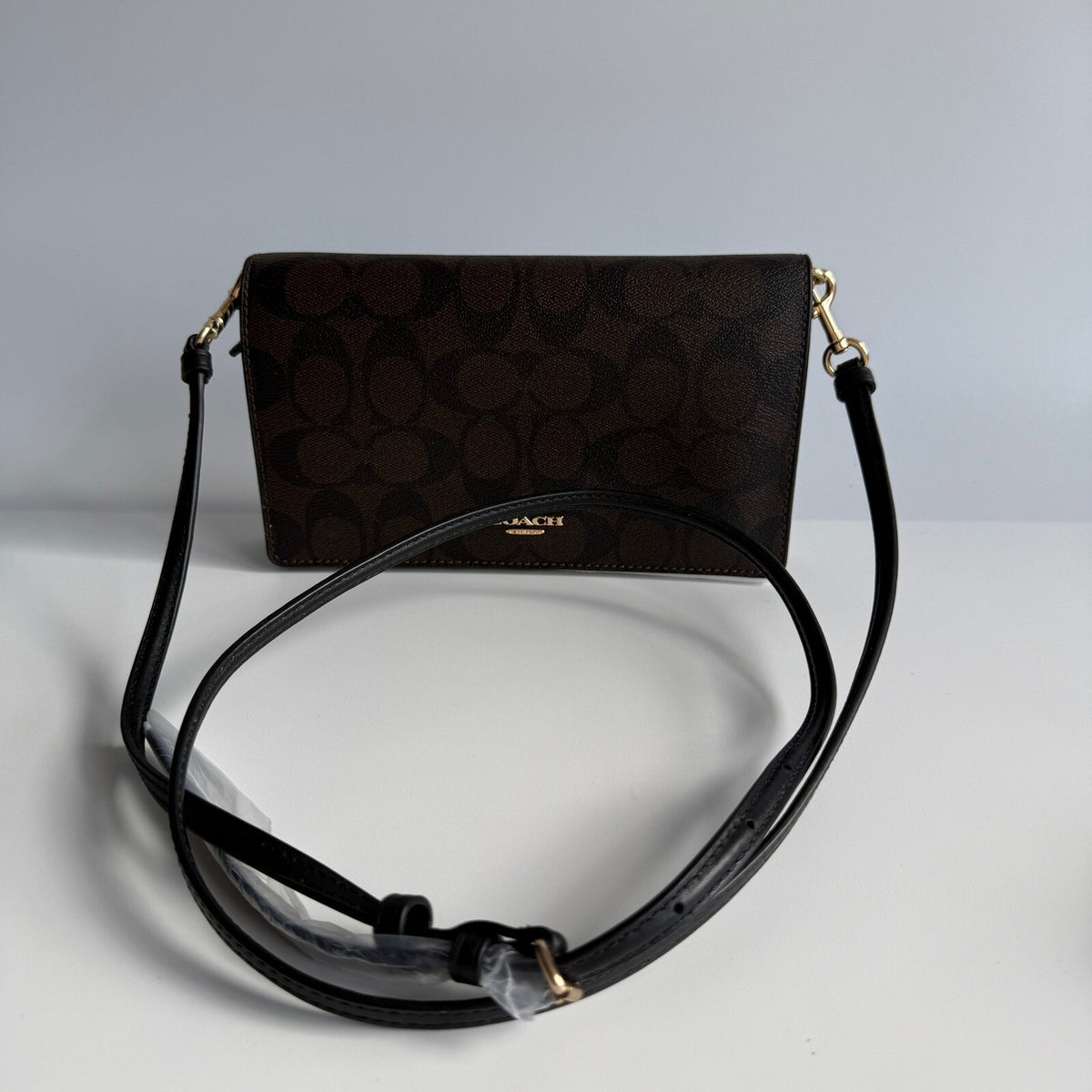 Coach Anna Foldover Crossbody Clutch Brown Black Signature Coated Canvas 3036