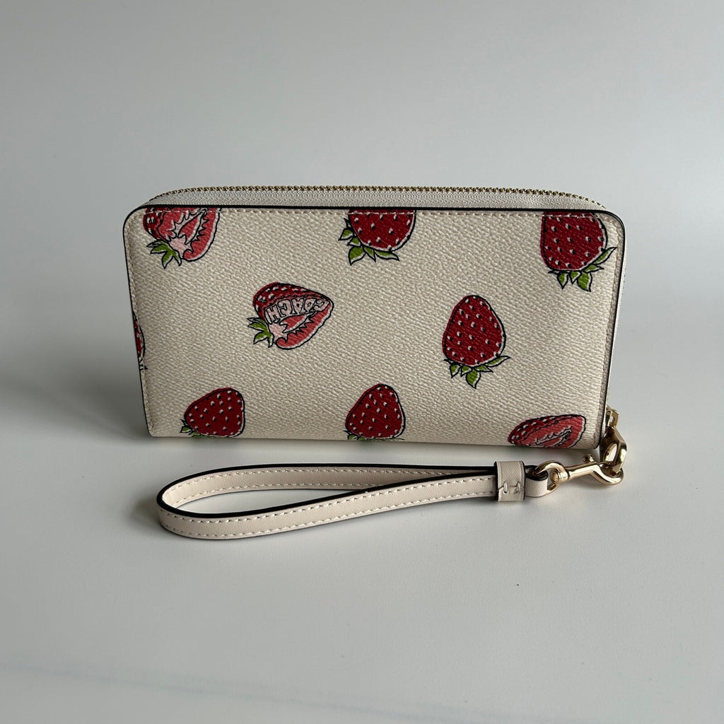 Coach Strawberry Print Chalk Multi Coated Canvas Zip Around Wallet CA090