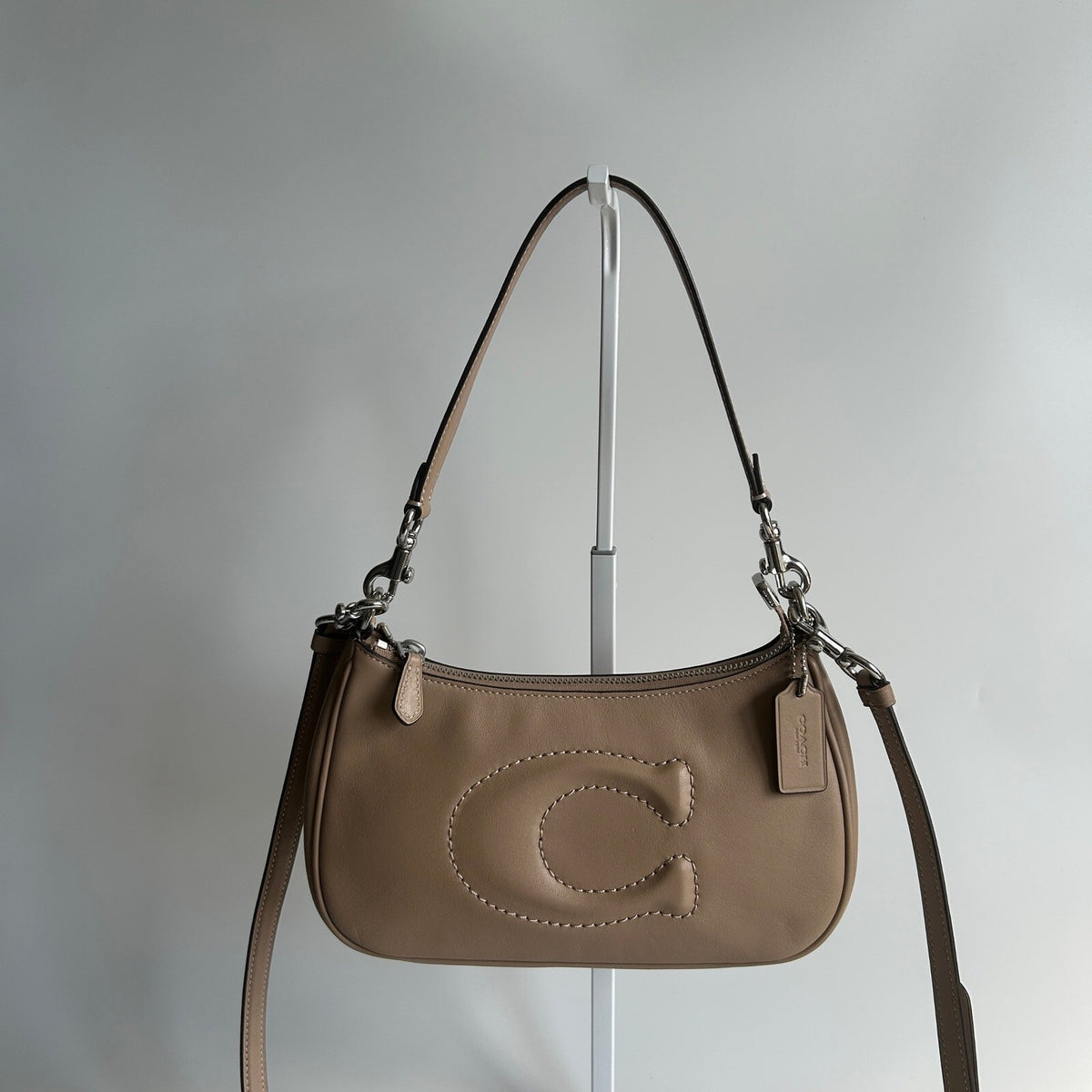 Coach Teri Shoulder Bag Taupe Beige Leather CR099 Debossed C Crossbody
