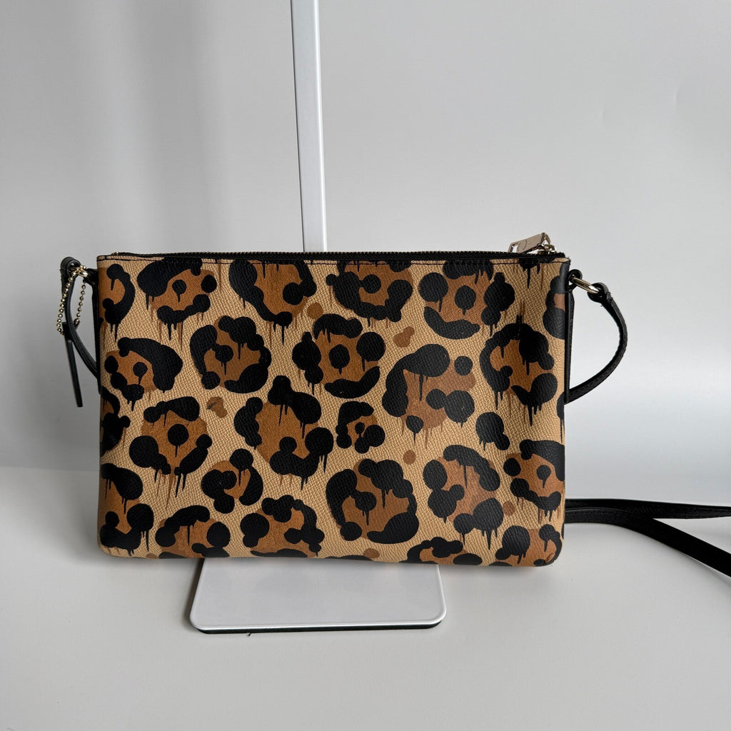 Coach Wild Beast Brown Black Leopard Drip Print Canvas Leather Crossbody F36592