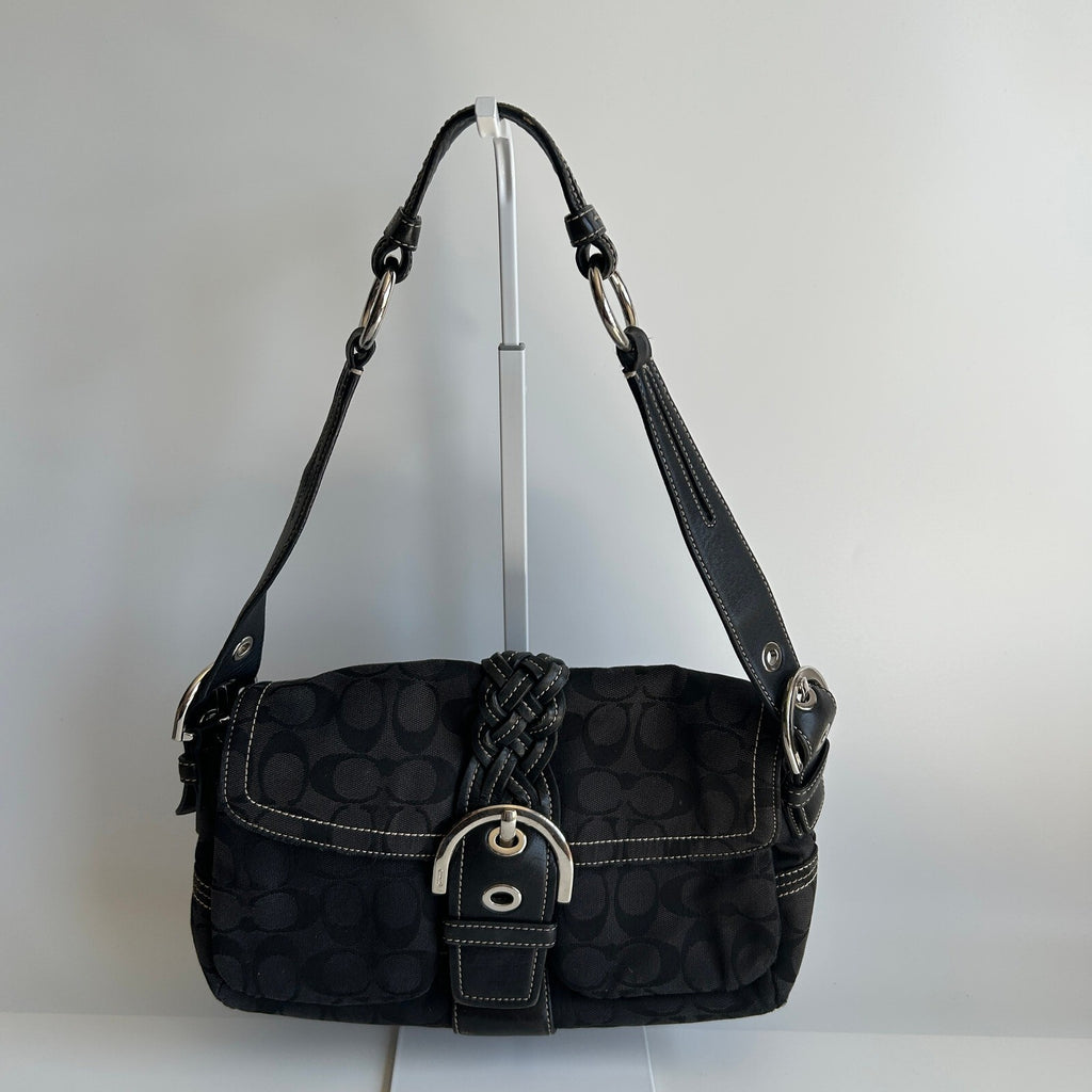 Coach Soho Signature Flap Black Canvas Leather Shoulder Bag 6314