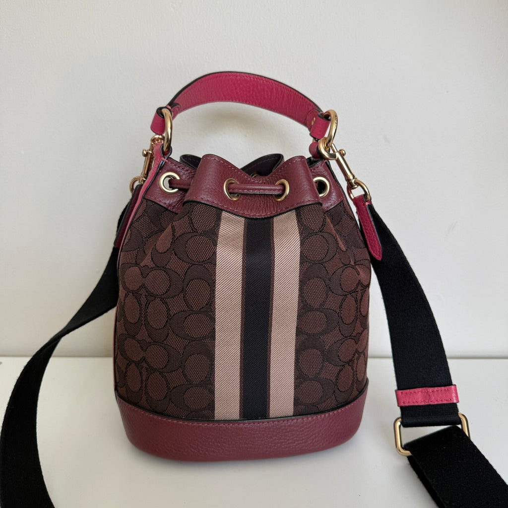 Coach Mini Dempsey Bucket Bag Pink Signature Jacquard Stripe Patch C8322