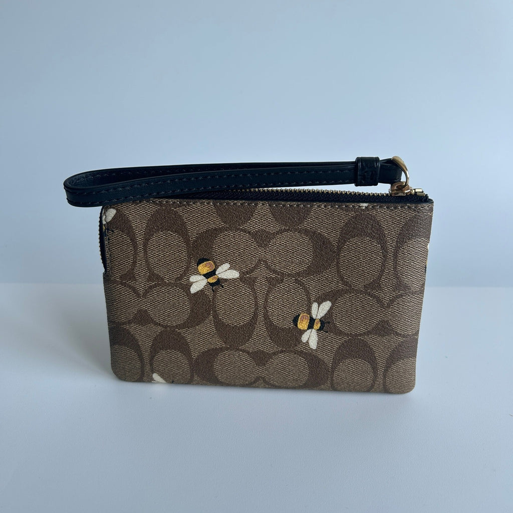 Coach Corner Zip Wristlet Khaki Multi Canvas Bee Print C8674