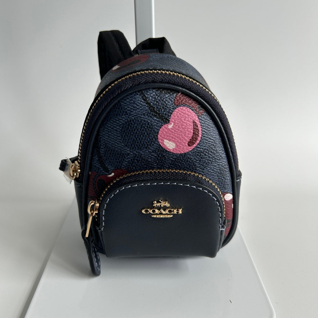 Coach Mini Court Midnight Navy Cherry Signature Canvas Backpack Bag Charm CZ0960