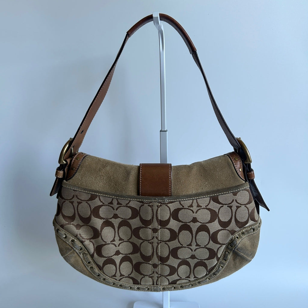 Coach Soho Signature Brown Canvas Suede Buckle Flap Shoulder Bag 9373 Good1