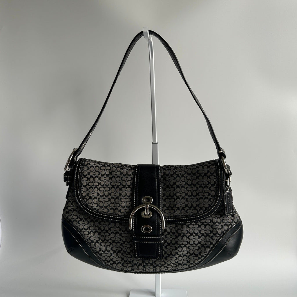 Coach Soho Signature Black Grey Canvas Leather Shoulder Bag F12309 Excellent0