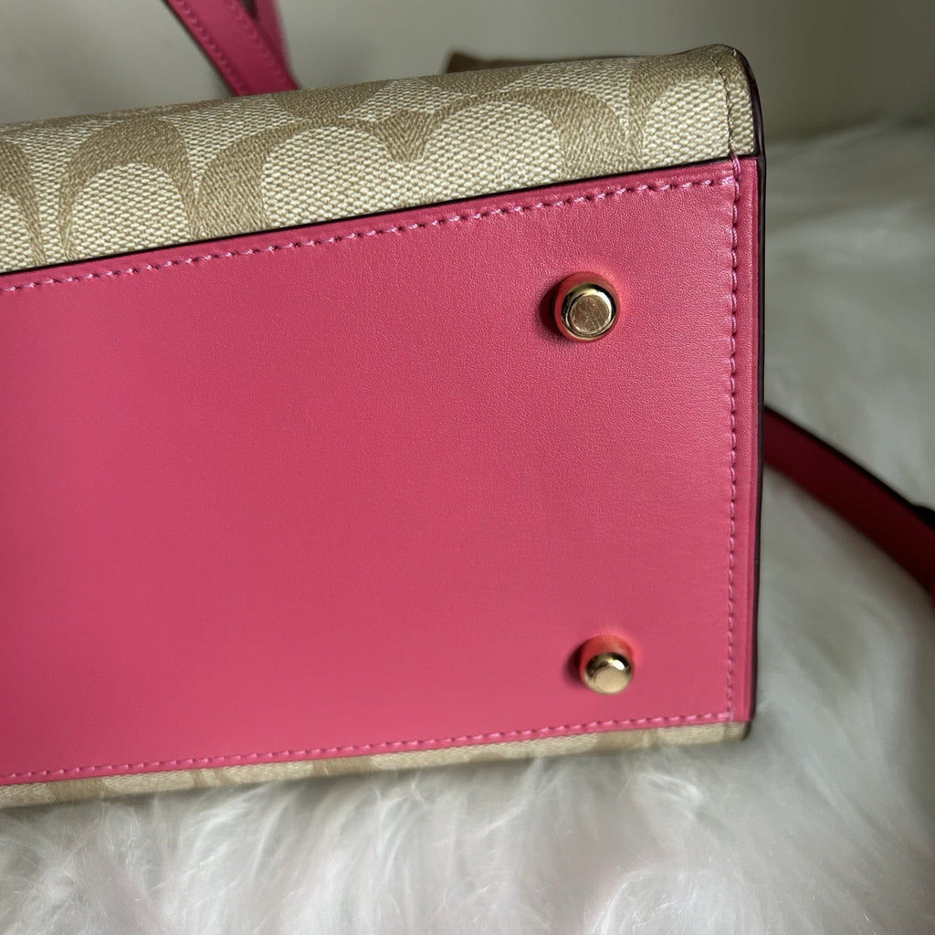 Coach Tatum Carryall 28 Khaki Pink Signature Canvas Leather Bag Excellent4