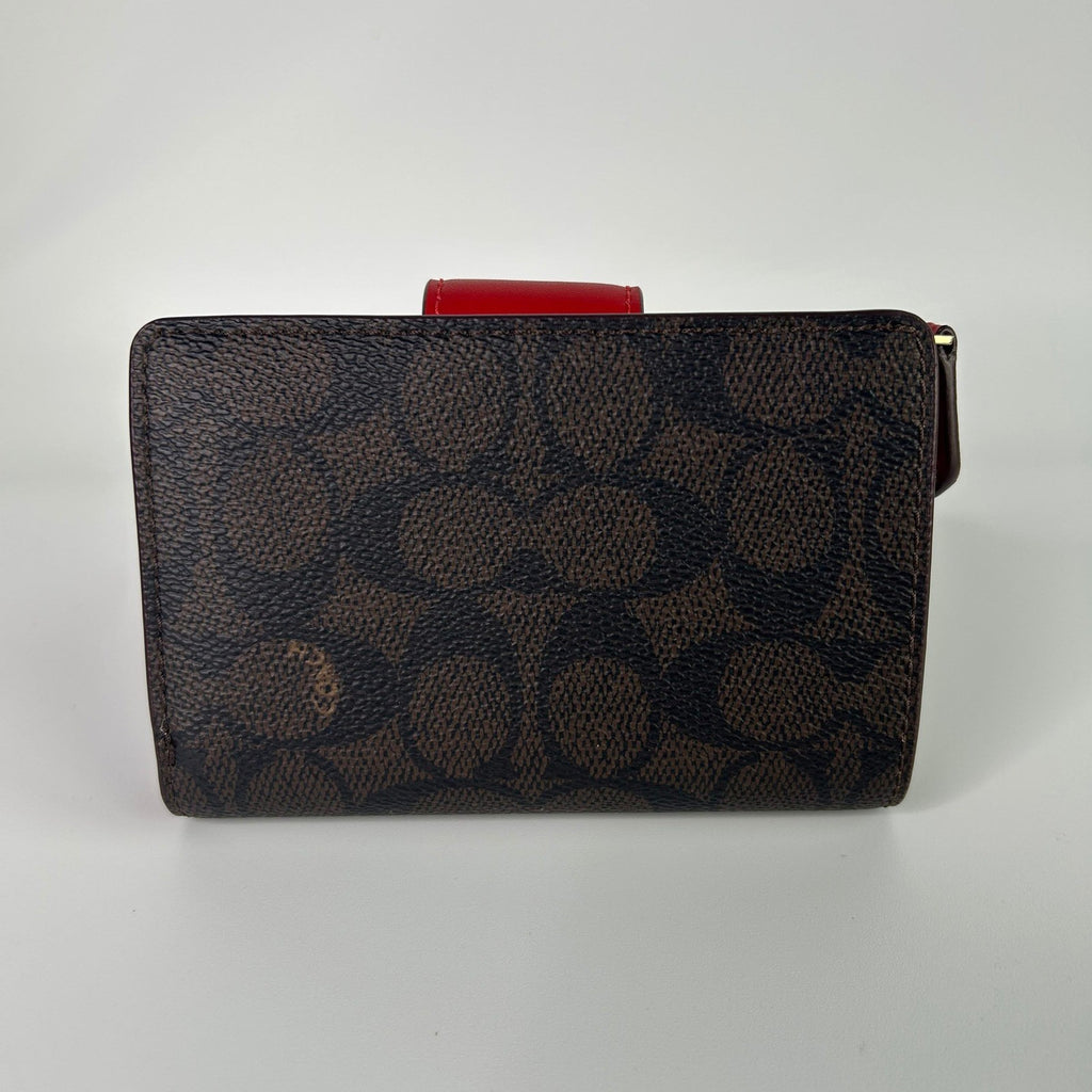 Coach Medium Corner Zip Wallet Walnut Bold Red Signature Canvas NEW1