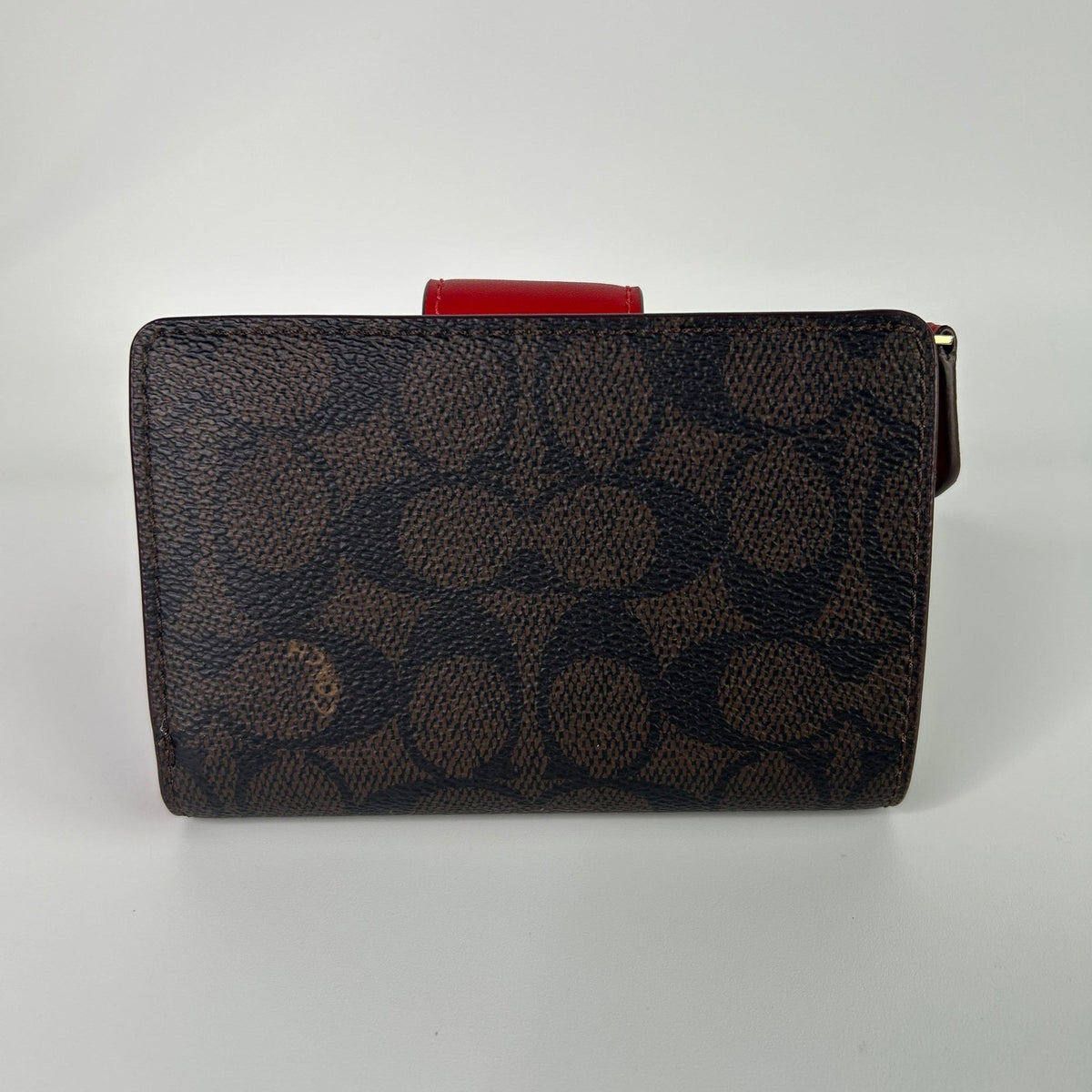 Coach Medium Corner Zip Wallet Walnut Bold Red Signature Canvas NEW1