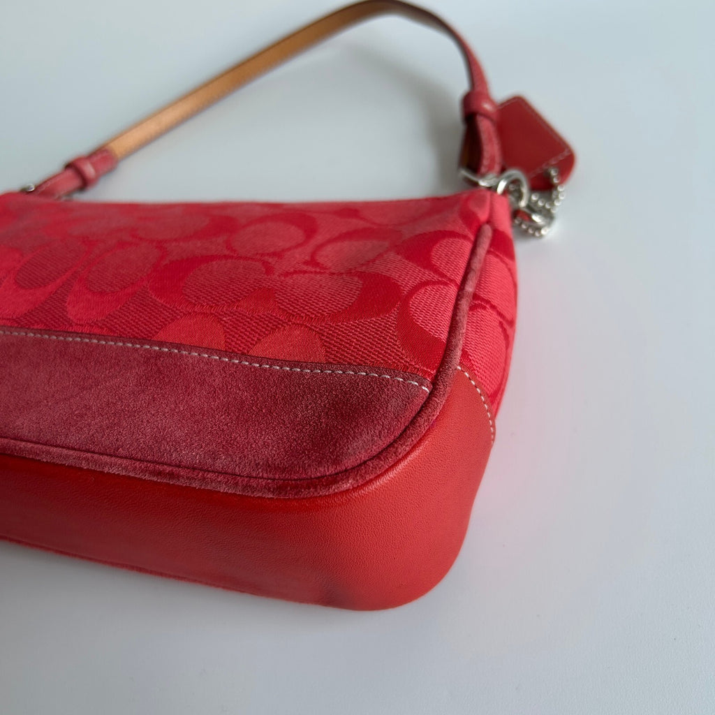 Coach Signature Jacquard Mini Demi Pouch Shoulder Bag Red Canvas Suede Trim 60943