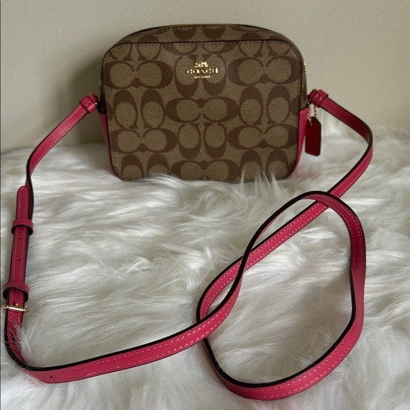 Coach Mini Jamie Camera Bag Brown Pink Signature Canvas Leather Crossbody C99381