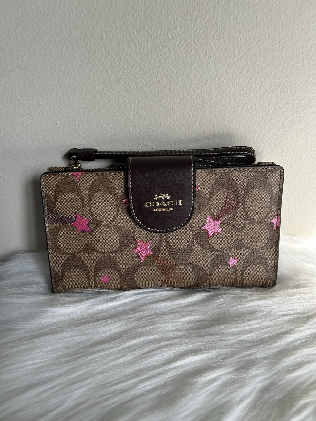 Coach Signature Disco Star Tech Wallet Khaki Pink Canvas Wristlet C7292 NEW0