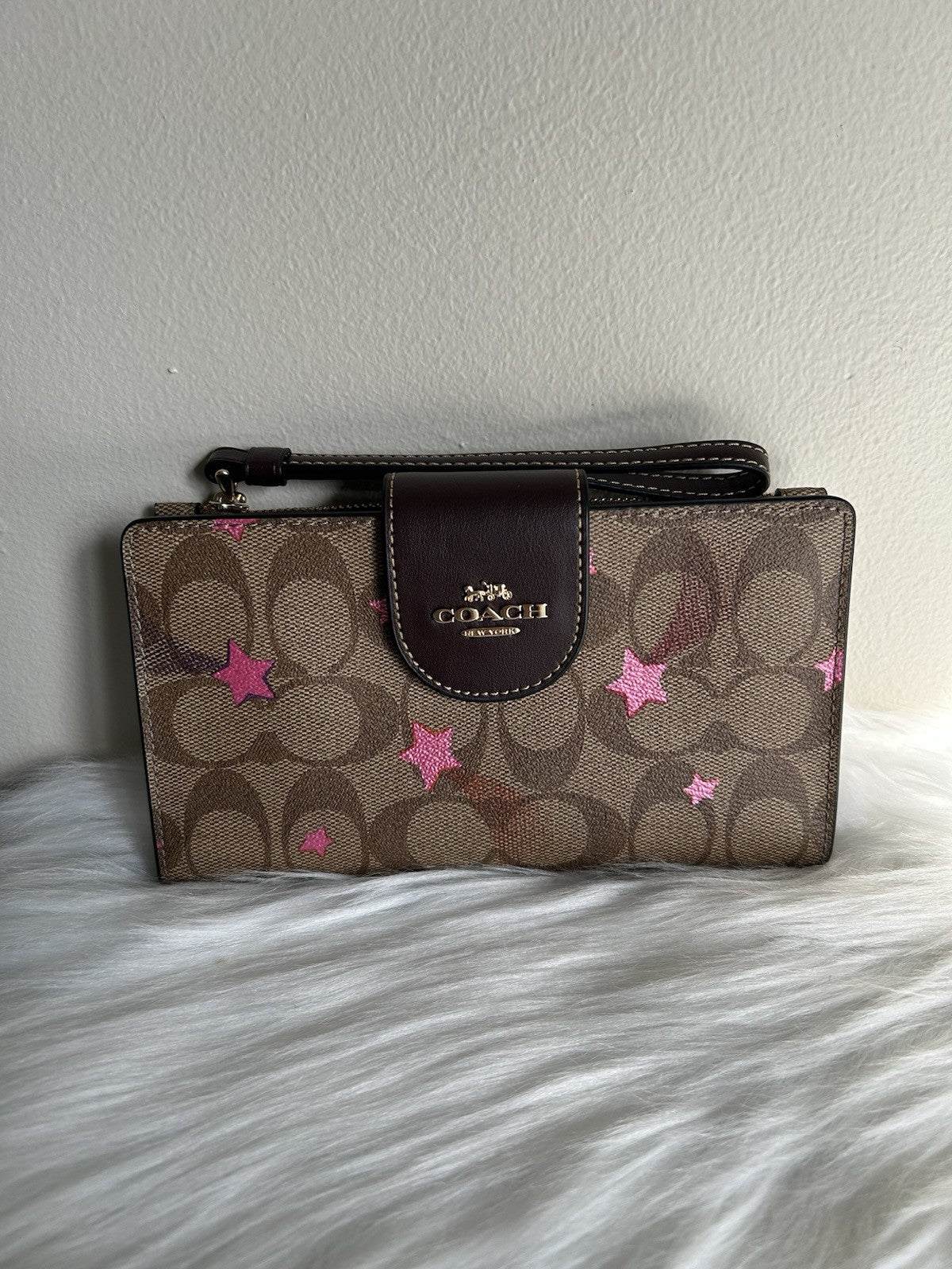 Coach Signature Disco Star Tech Wallet Khaki Pink Canvas Wristlet C7292 NEW0