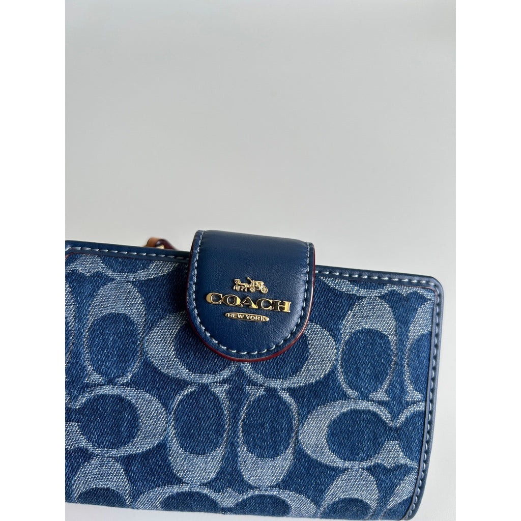 Coach Medium Corner Zip Wallet Navy Blue Signature Chambray Leather Excellent3