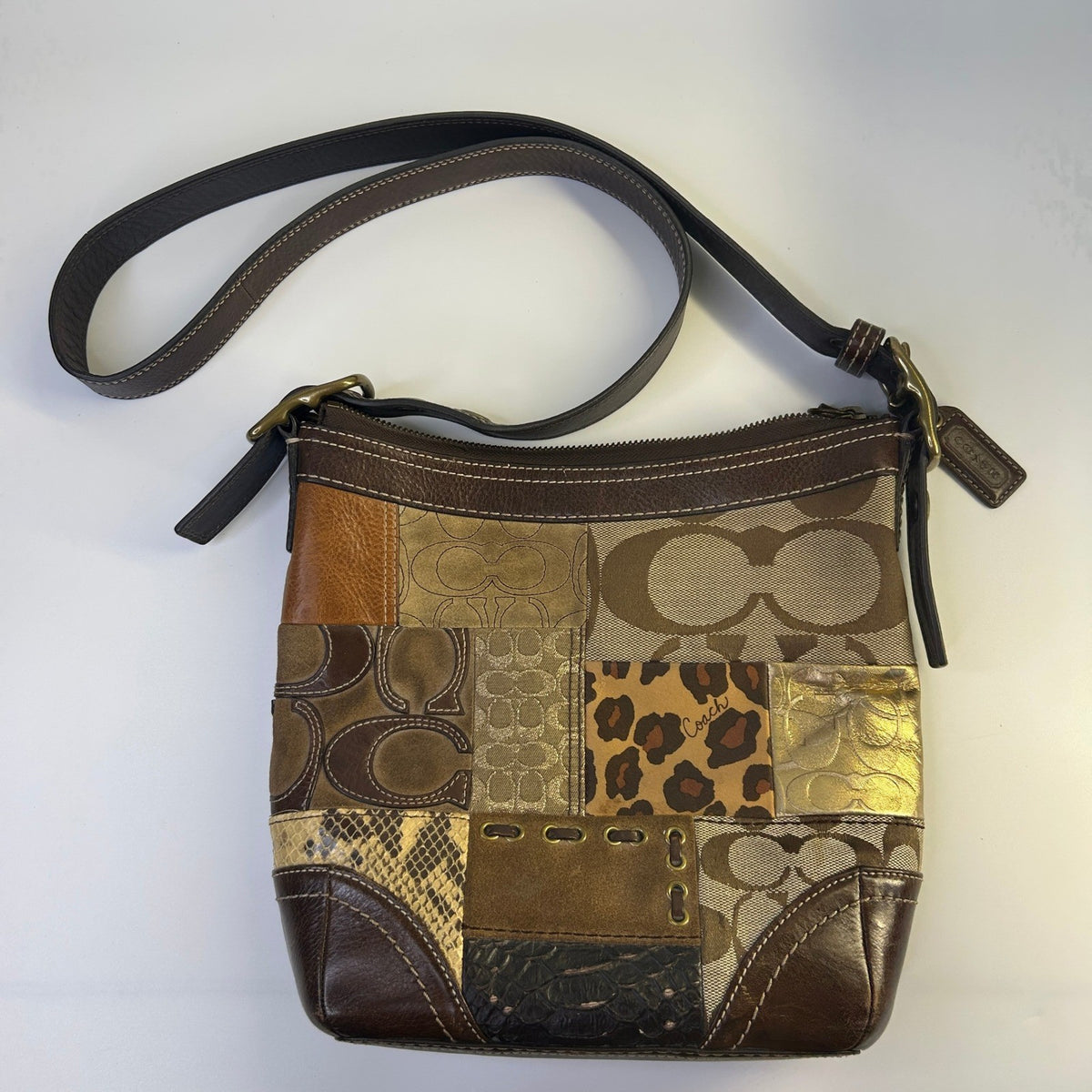 Coach Holiday Patchwork Brown Leather Suede Shoulder Bag F12840 Good0