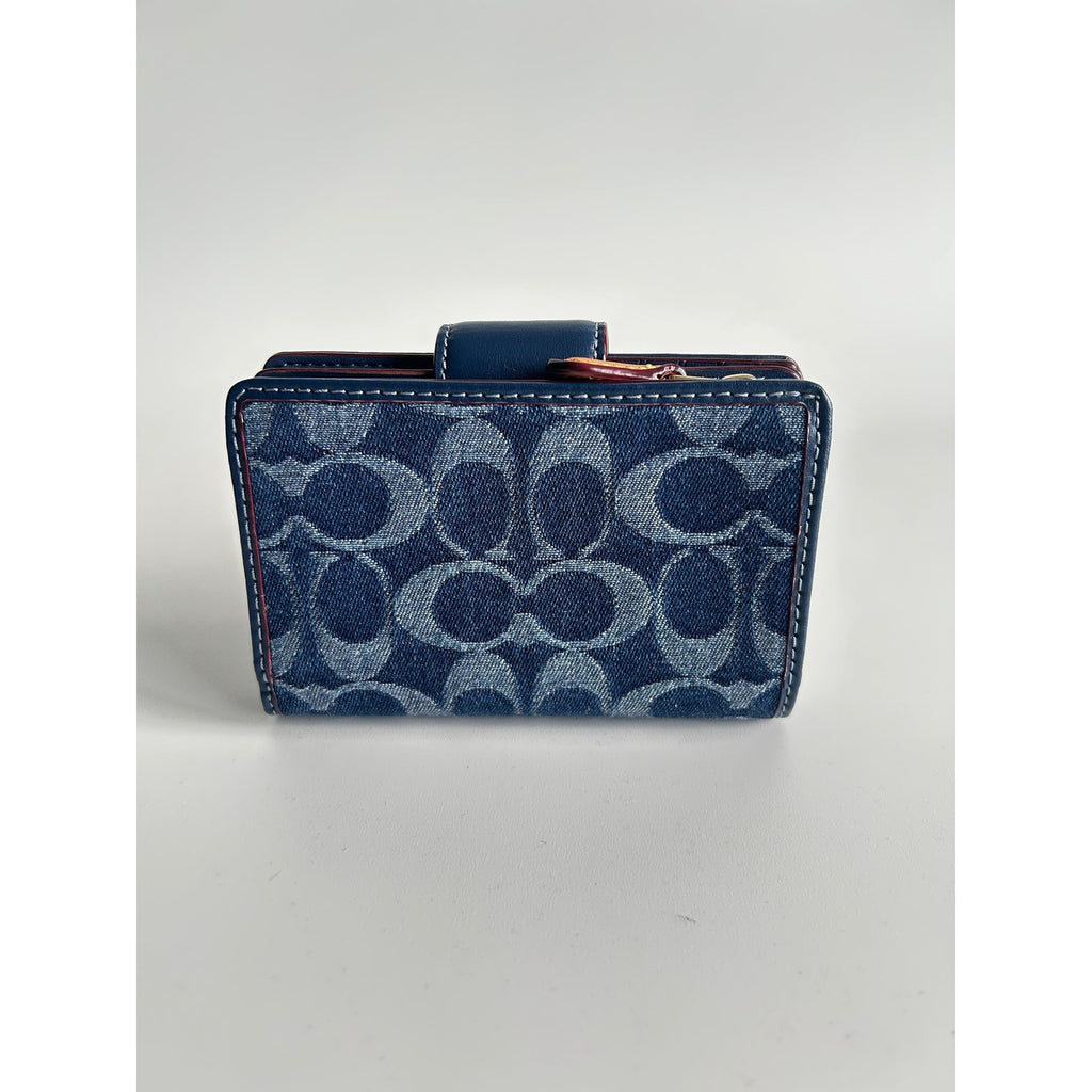 Coach Medium Corner Zip Wallet Navy Blue Signature Chambray Leather Excellent1