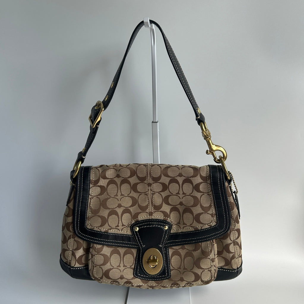 Coach Ali Legacy Brown Black Monogram Canvas Leather Shoulder Bag 10338 Good0