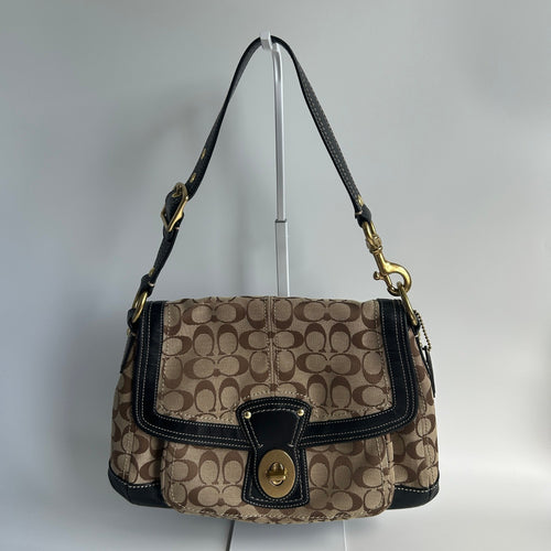 Coach Ali Legacy Brown Black Monogram Canvas Leather Shoulder Bag 10338 Good0