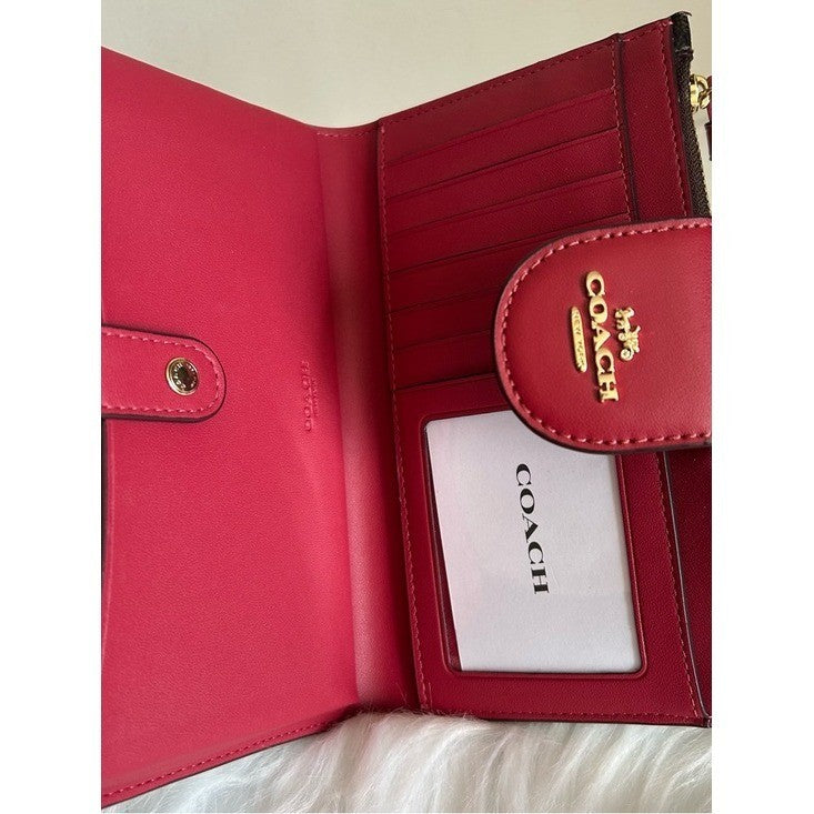 Coach Phone Wallet Brown Red Signature Canvas Leather Wristlet Excellent2