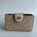 Coach Medium Corner Zip Wallet Khaki Chalk Canvas Leather Excellent0