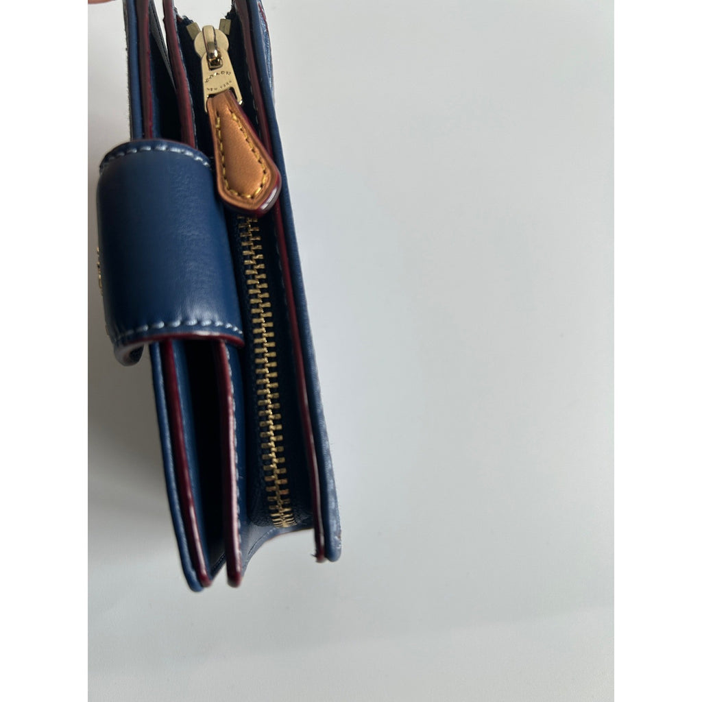 Coach Medium Corner Zip Wallet Navy Blue Signature Chambray Leather Excellent4
