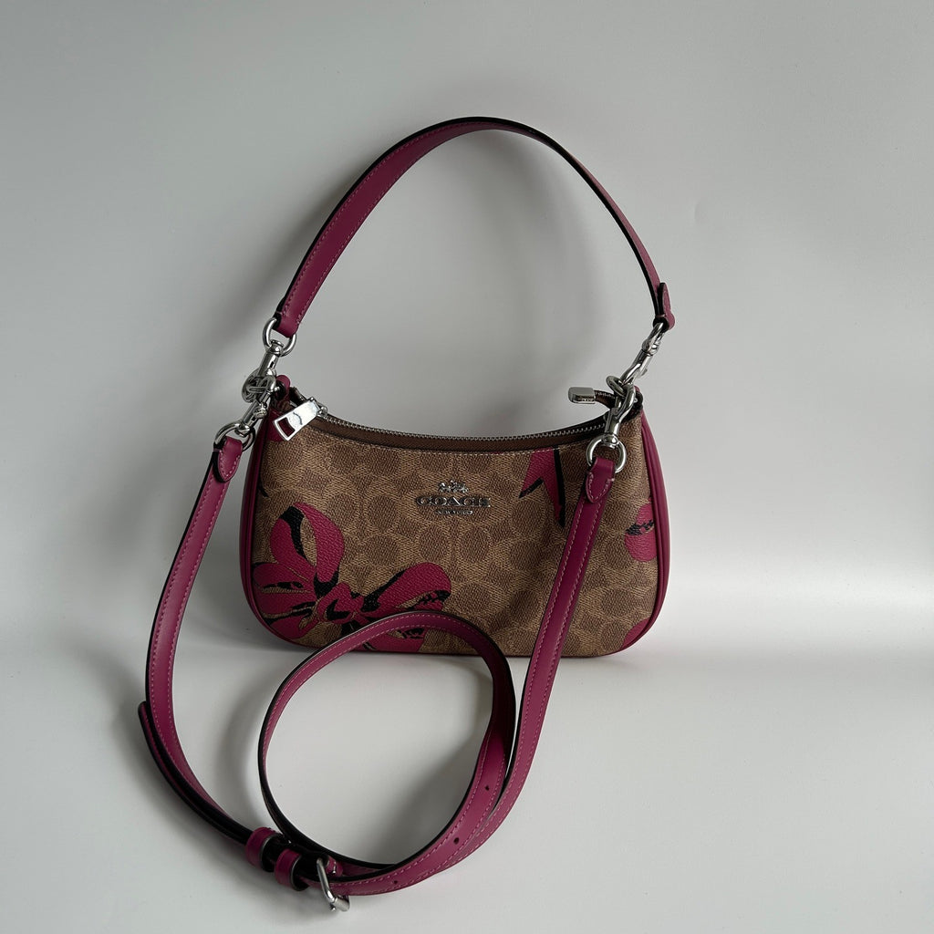 Coach Teri Shoulder Bag Khaki Pink Signature Canvas Bow Print Excellent2