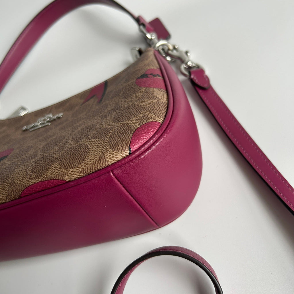 Coach Teri Shoulder Bag Khaki Pink Signature Canvas Bow Print Excellent4