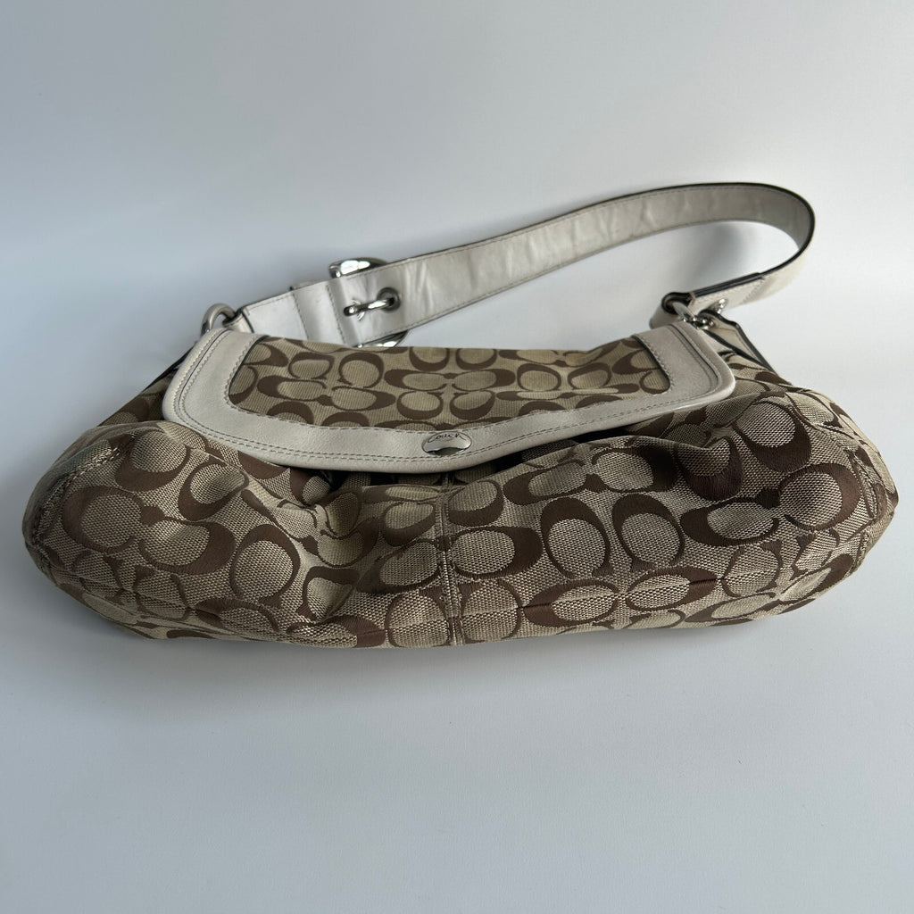 Coach Soho Signature Flap Shoulder Bag Khaki Canvas White Leather Trim2