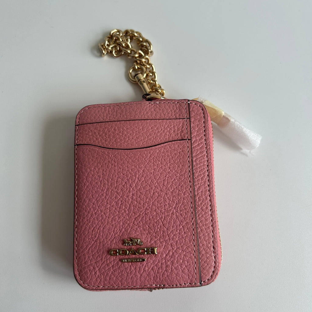 Coach Zip Card Case Peony Pink Pebbled Leather Wallet Gold Chain Strap NWT4