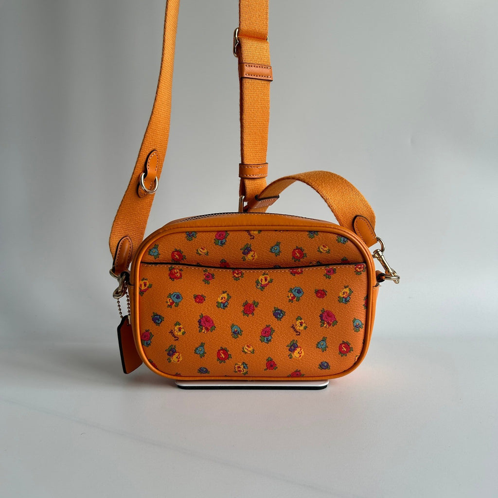 Coach Mini Jamie Camera Bag Orange Floral Pebbled Leather Crossbody Excellent1