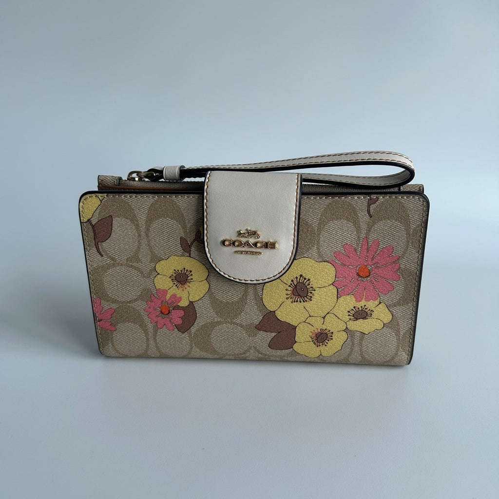 Coach Phone Wallet Khaki Floral Signature Canvas Leather Wristlet Excellent0