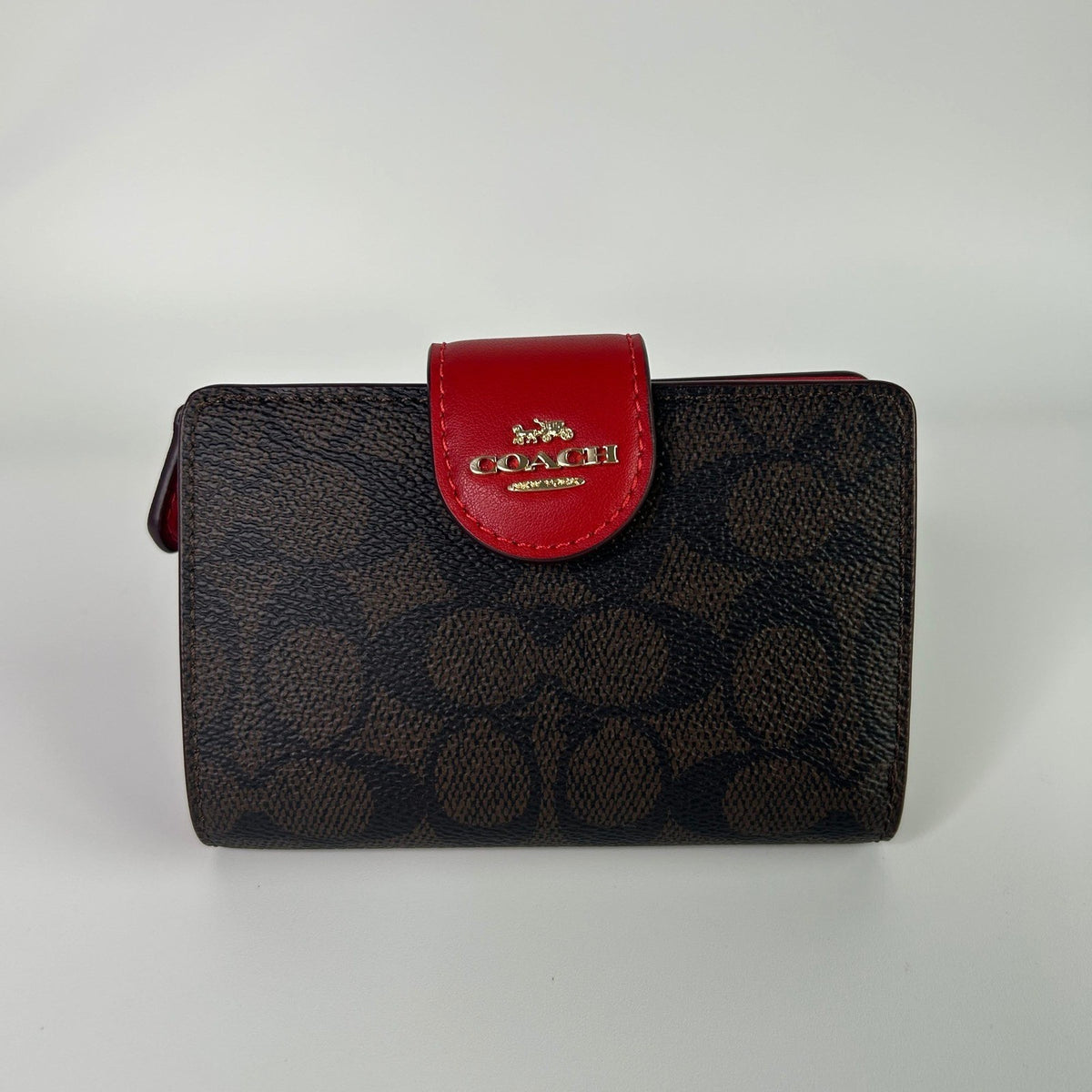 Coach Medium Corner Zip Wallet Walnut Bold Red Signature Canvas NEW0