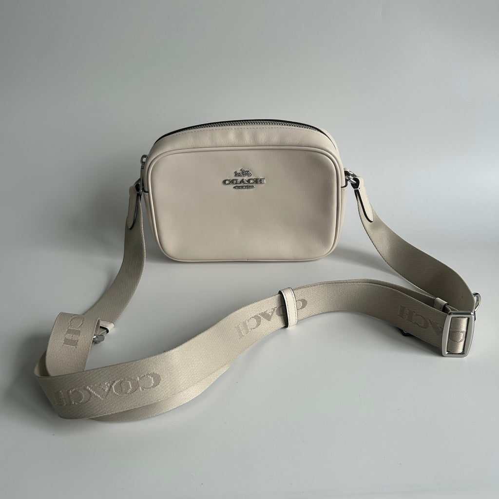 Coach Mini Jamie Chalk White Pebbled Leather Camera Bag Excellent1