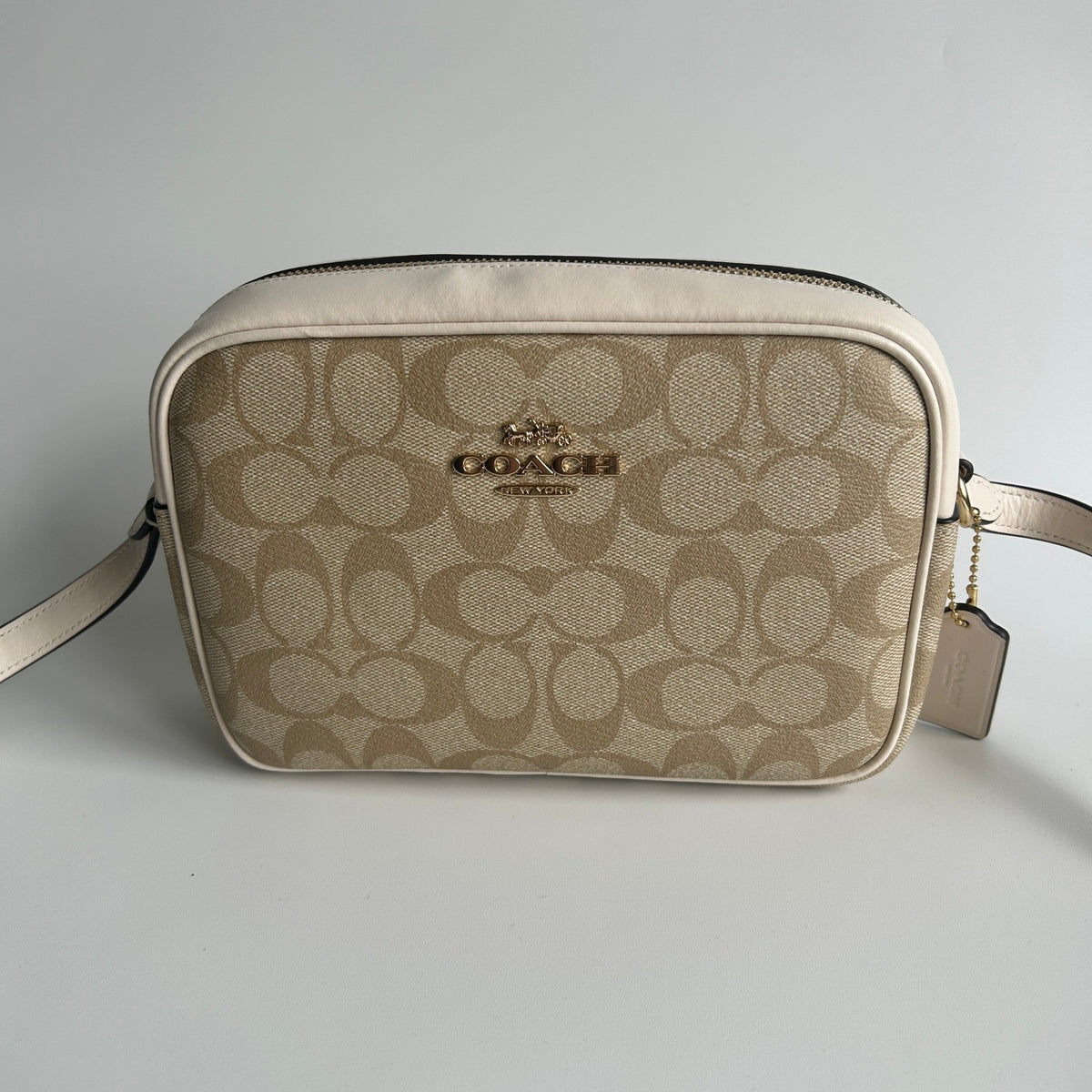 Coach Jamie Chalk White Signature Canvas Leather Camera Bag Good0