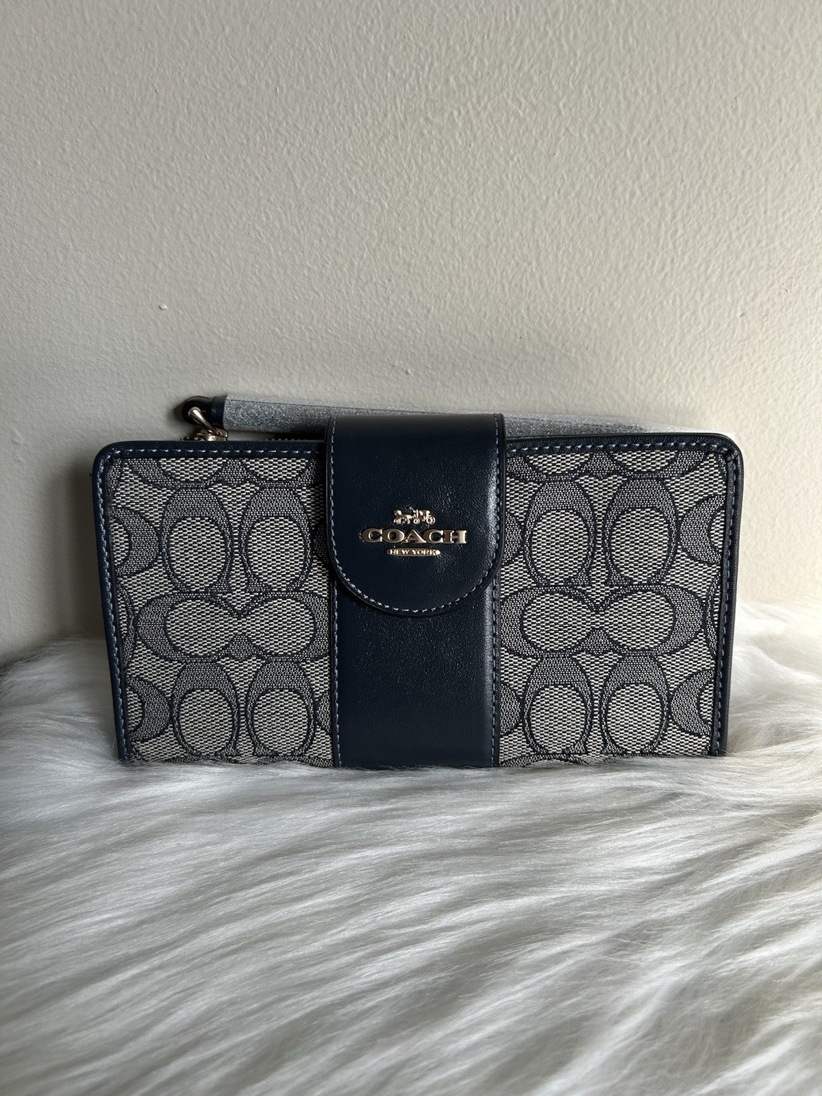 Coach Phone Wallet Midnight Navy Signature Jacquard Leather C6995 New0