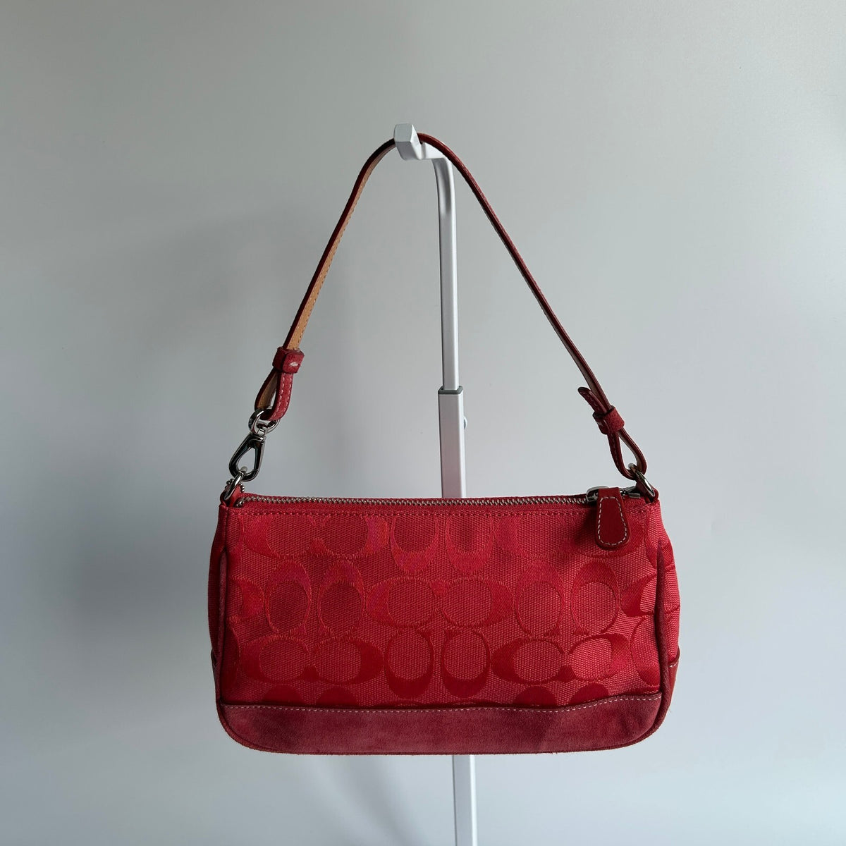 Coach Signature Jacquard Mini Demi Pouch Shoulder Bag Red Canvas Suede Trim 60941