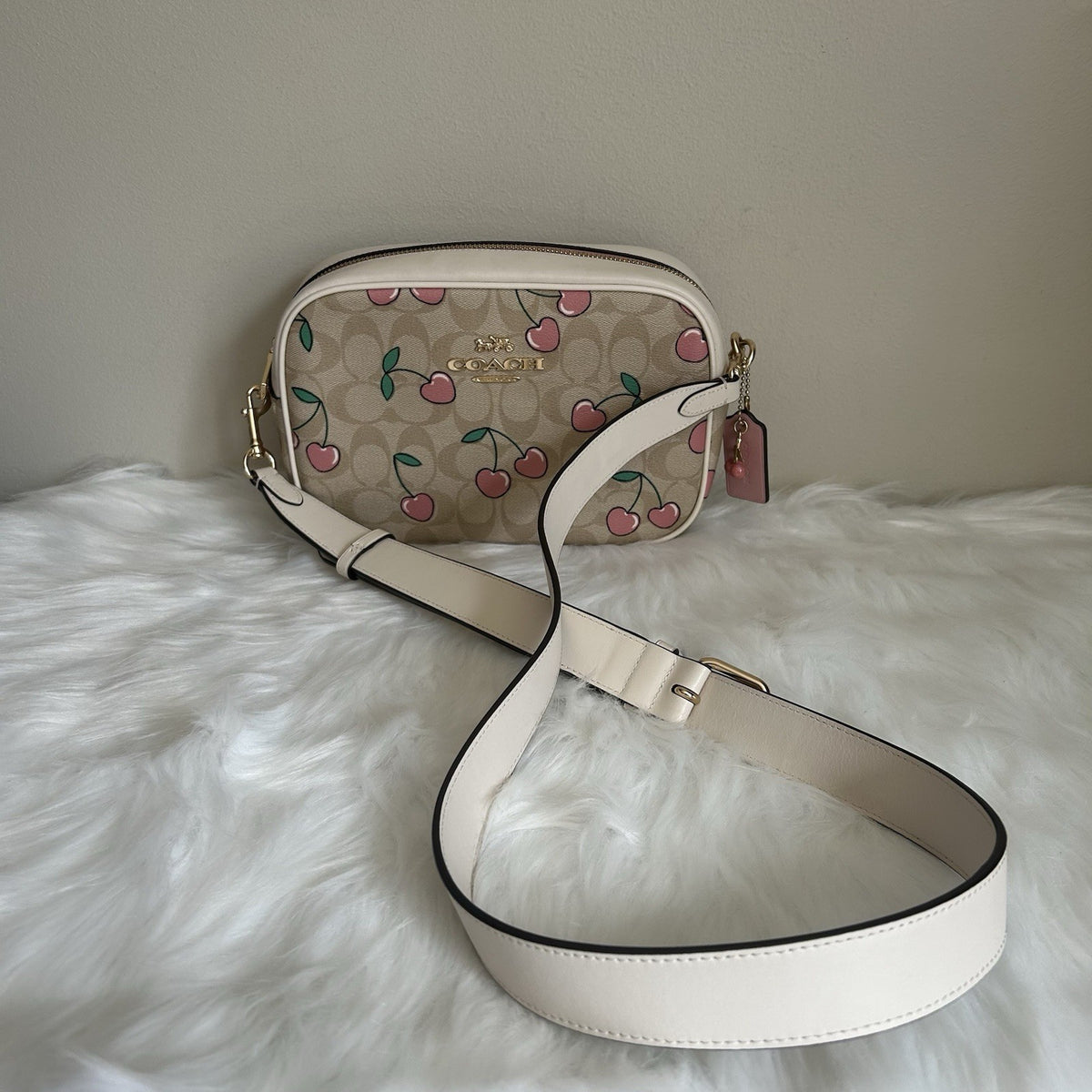 Coach Jamie Heart Cherry Chalk Signature Canvas Leather Camera Bag Excellent1