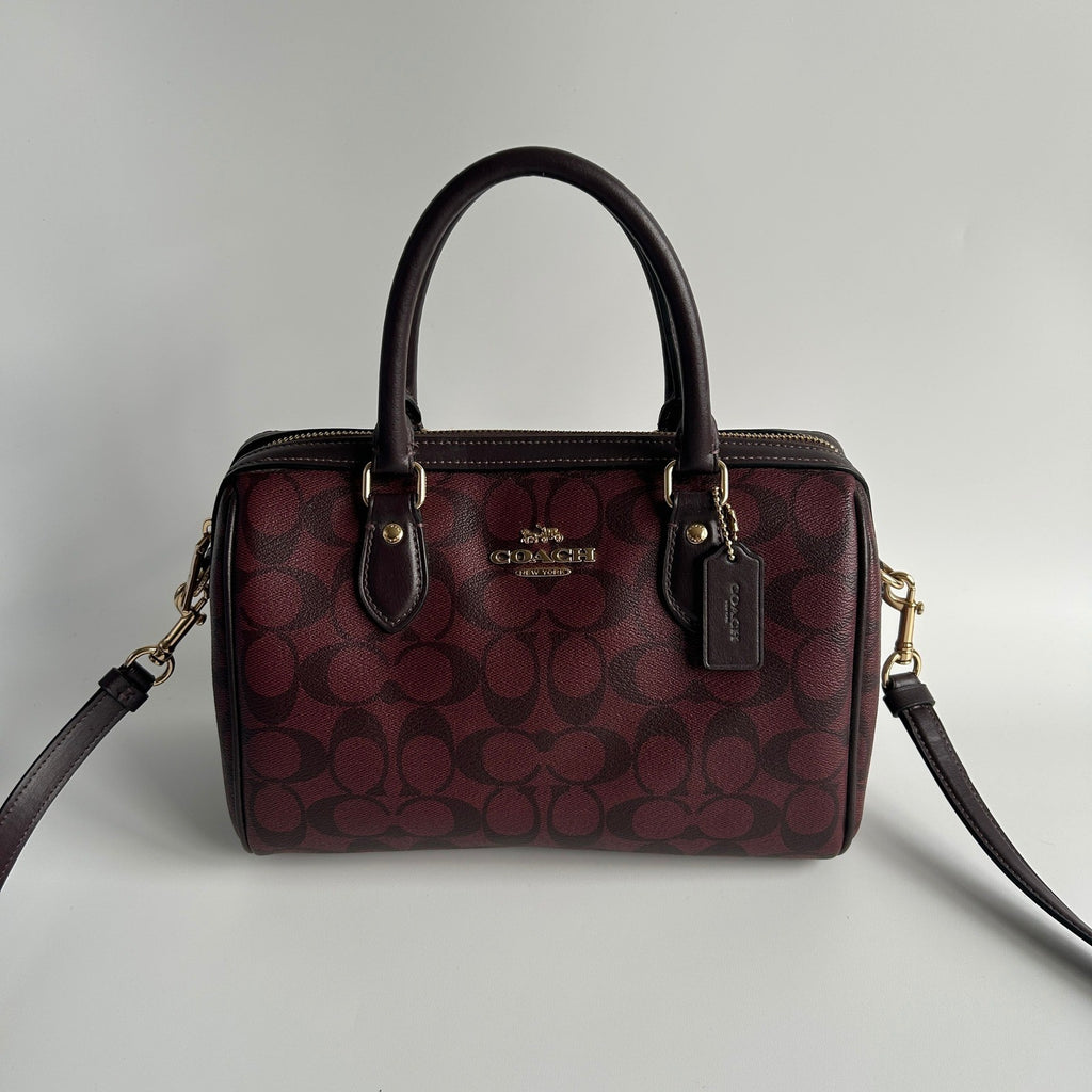 Coach Rowan Satchel Burgundy Signature Canvas Leather Bag Excellent0