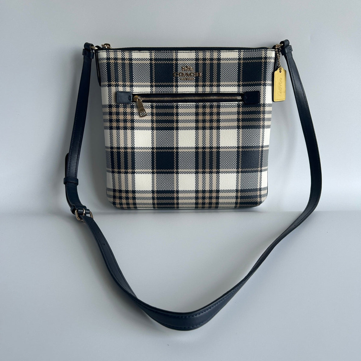 Coach Rowan File Bag Plaid Midnight Navy Coated Canvas Crossbody Excellent0