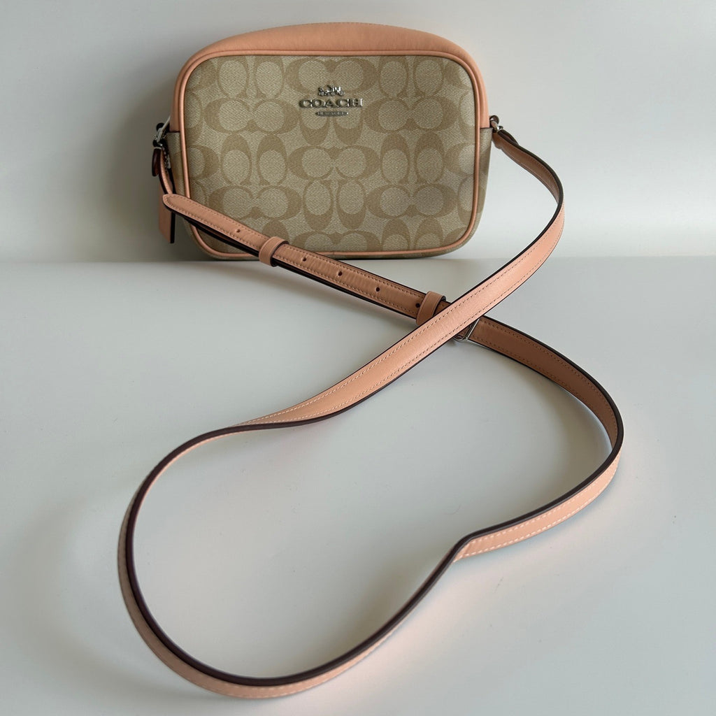 Coach Jamie Camera Bag Khaki Peach Signature Canvas Leather Crossbody Excellent3
