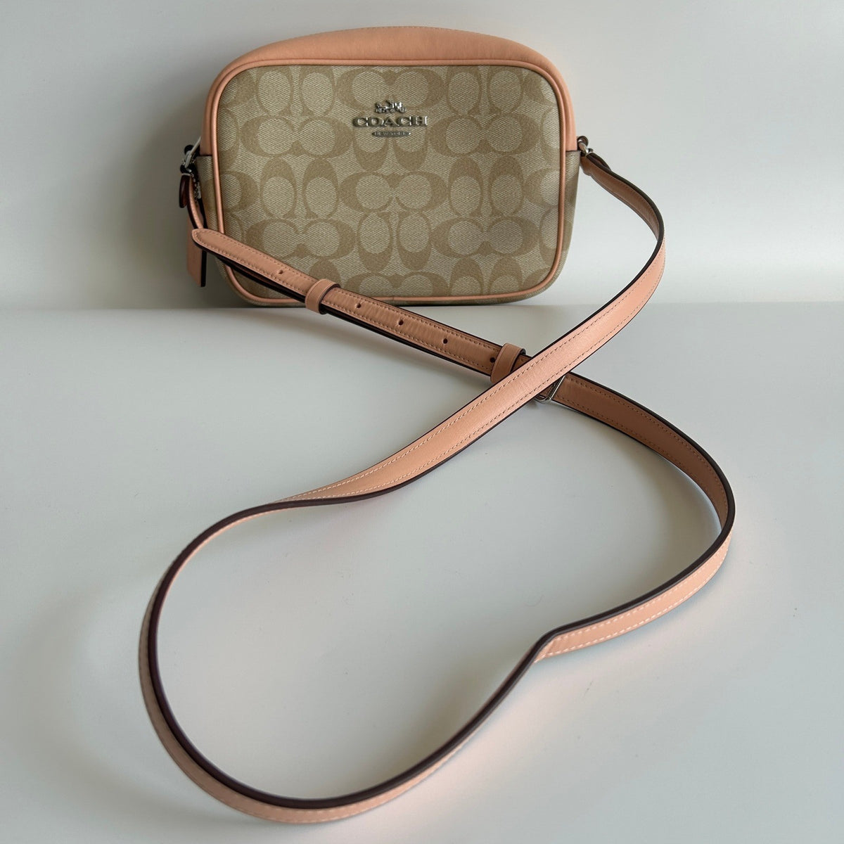 Coach Jamie Camera Bag Khaki Peach Signature Canvas Leather Crossbody Excellent3