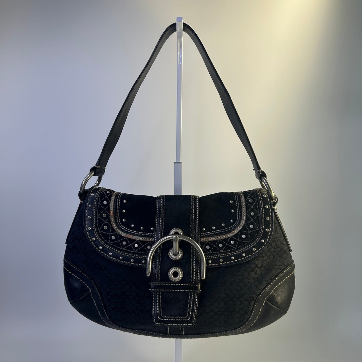 Coach Soho Studded Signature Flap Hobo Black Canvas Leather Bag F11517 Good0