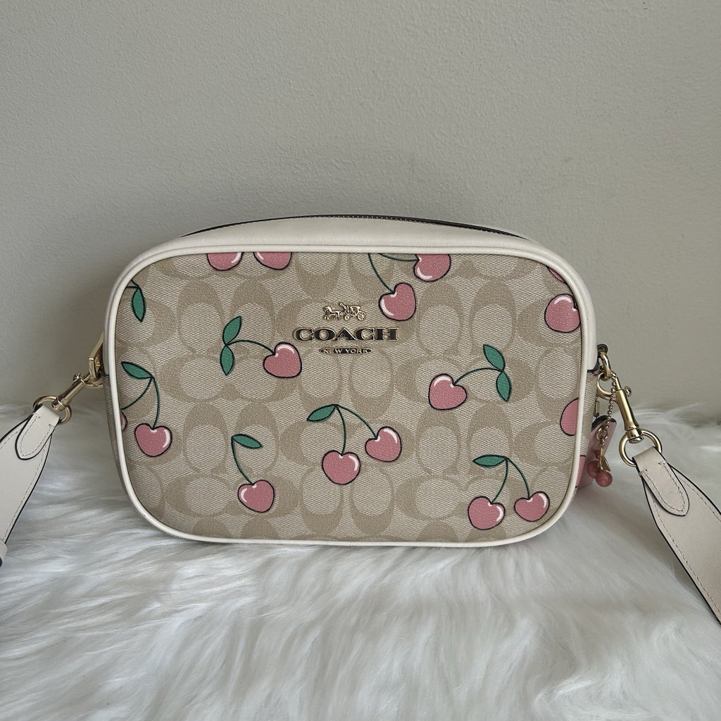 Coach Jamie Heart Cherry Chalk Signature Canvas Leather Camera Bag Excellent0