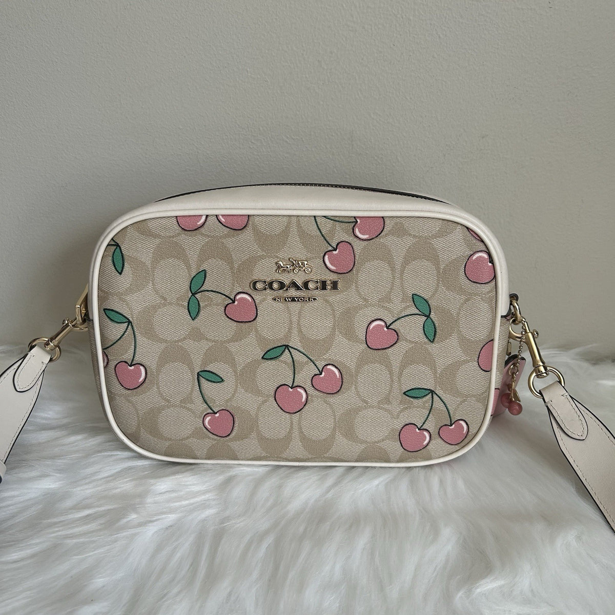 Coach Jamie Heart Cherry Chalk Signature Canvas Leather Camera Bag Excellent0