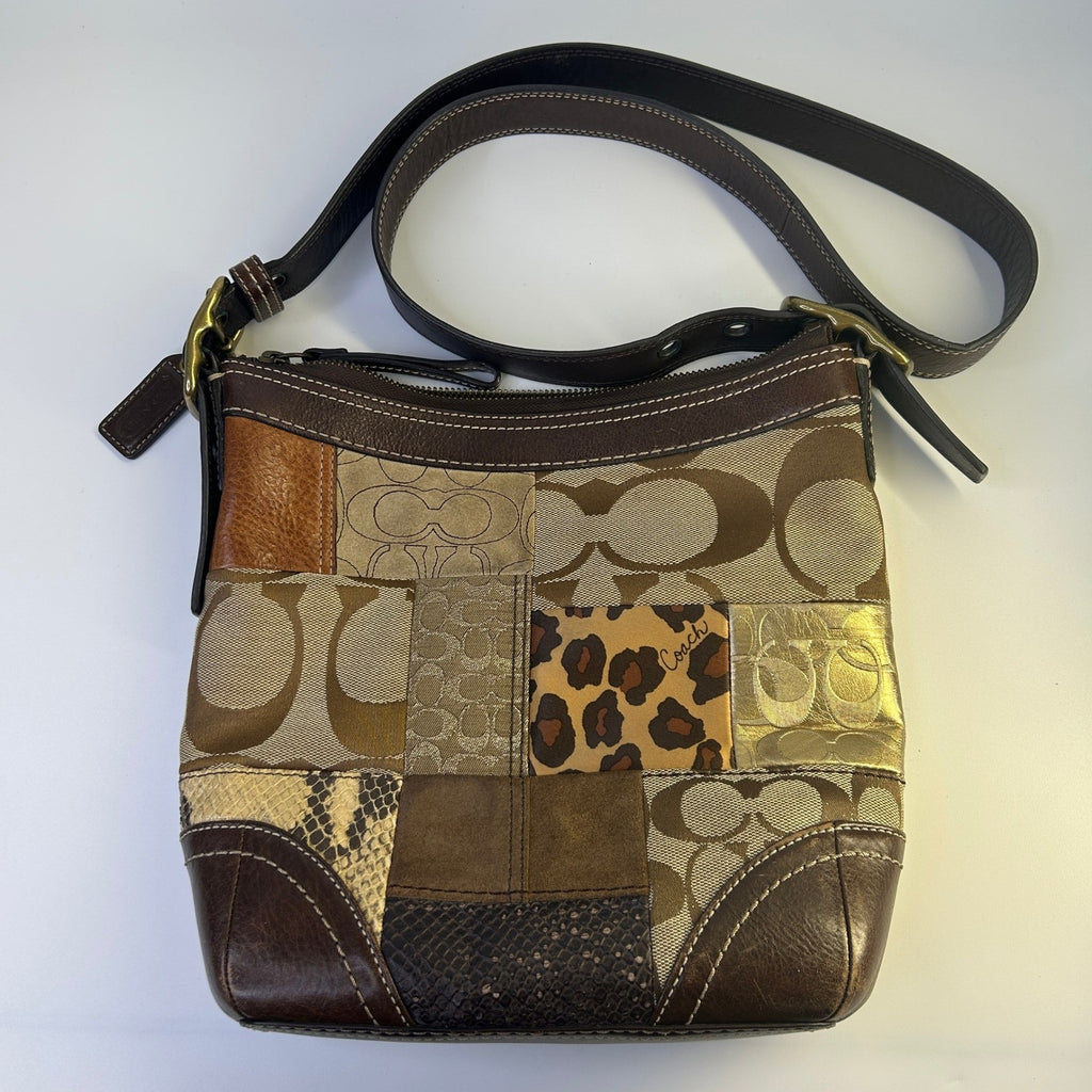 Coach Holiday Patchwork Brown Leather Suede Shoulder Bag F12840 Good1