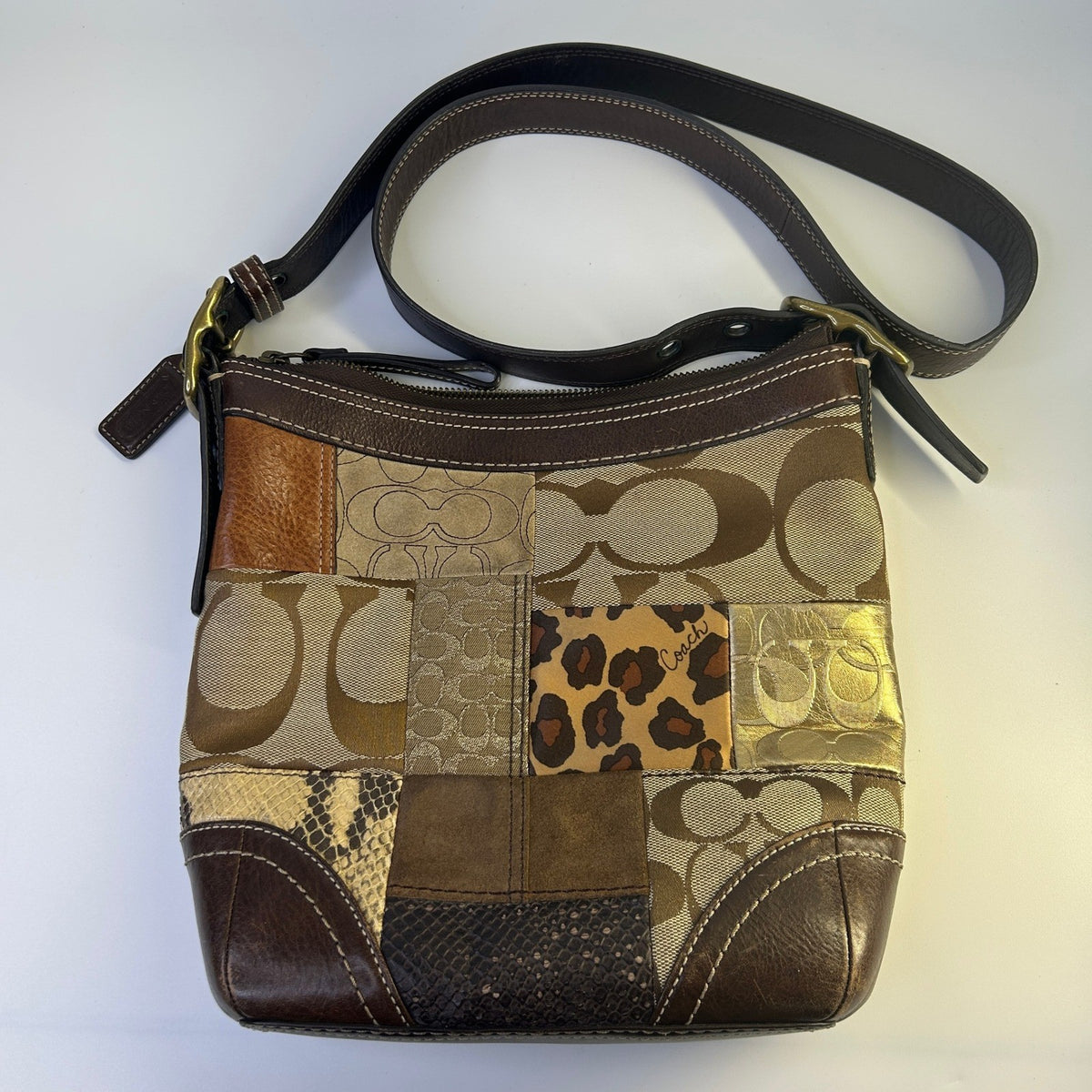 Coach Holiday Patchwork Brown Leather Suede Shoulder Bag F12840 Good1